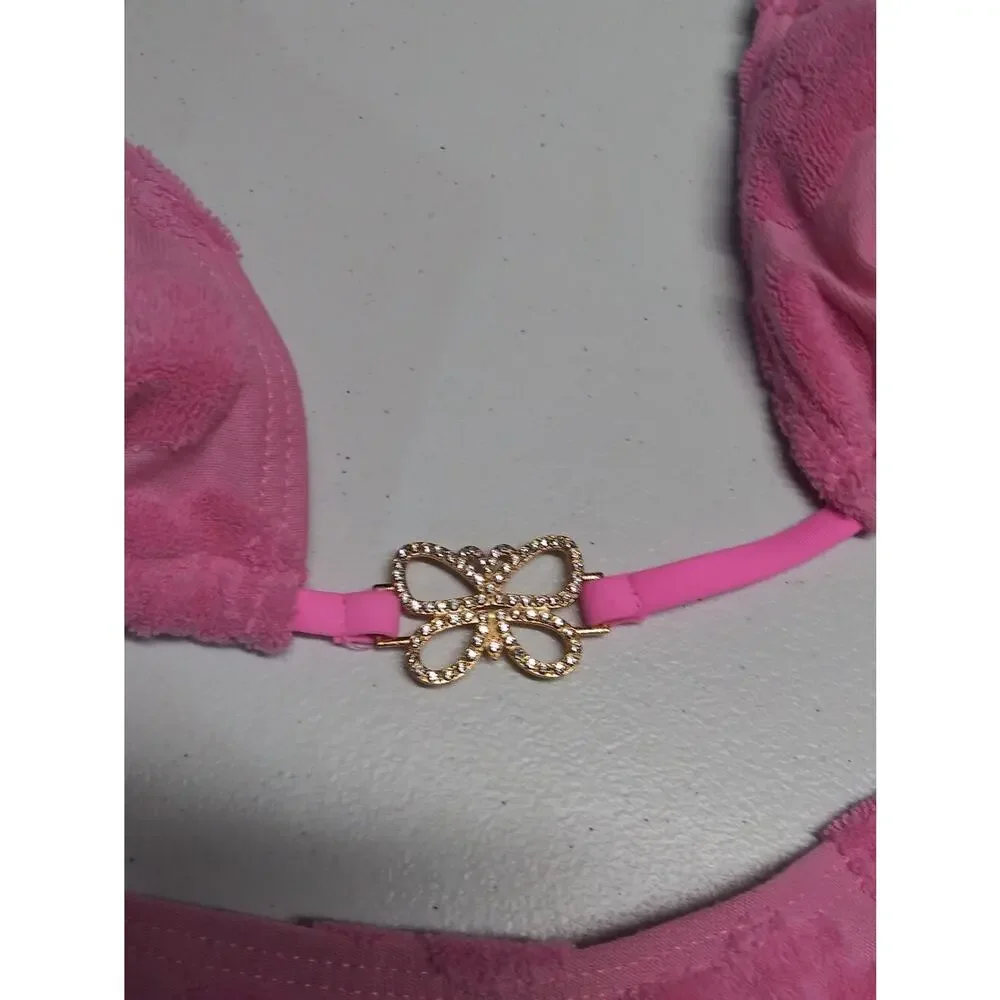 Pink Terry Cloth Tie-Strap Triangle Bikini Set with Heart Texture Size M